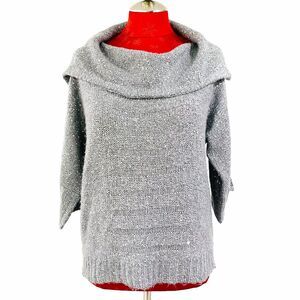Chico's Size 1/M/8 Cowl Neck Sweater Silver Sequin Embellished Soft Gray Knit